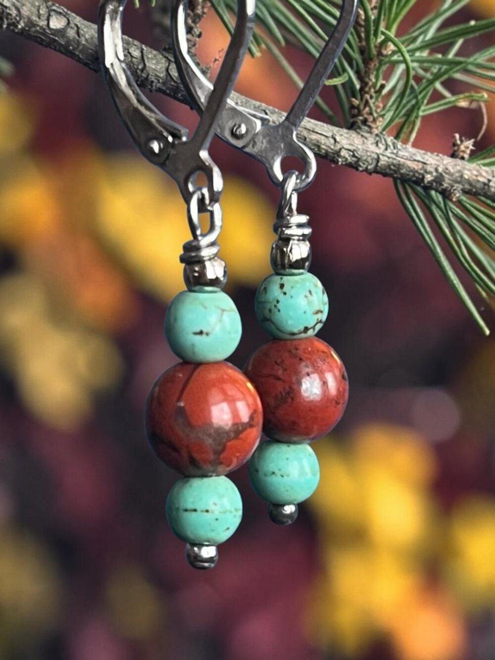 Red Jasper & Turquoise Dangle Earrings | Minimalist Gemstone Small Earrings